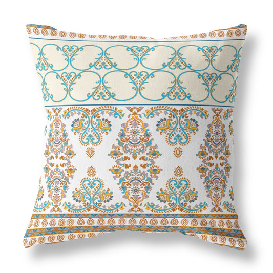 16" X 16" Orange And Teal Stencil Blown Seam Suede Throw Pillow