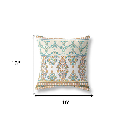 16" X 16" Orange And Teal Stencil Blown Seam Suede Throw Pillow