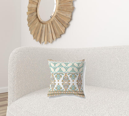 16" X 16" Orange And Teal Stencil Blown Seam Suede Throw Pillow