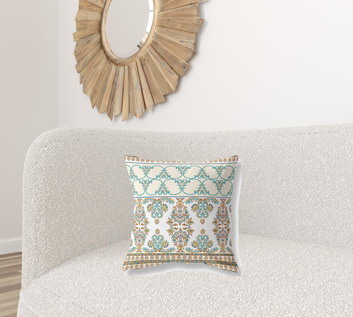 18" X 18" Orange And Teal Stencil Blown Seam Suede Throw Pillow
