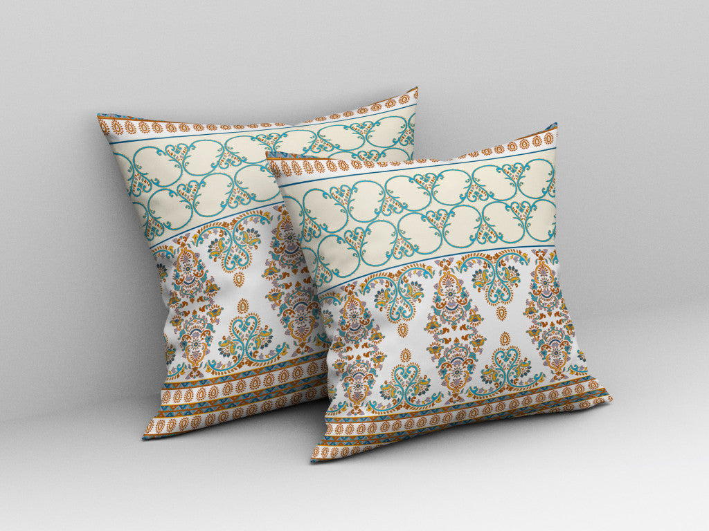 18" X 18" Orange And Teal Stencil Blown Seam Suede Throw Pillow