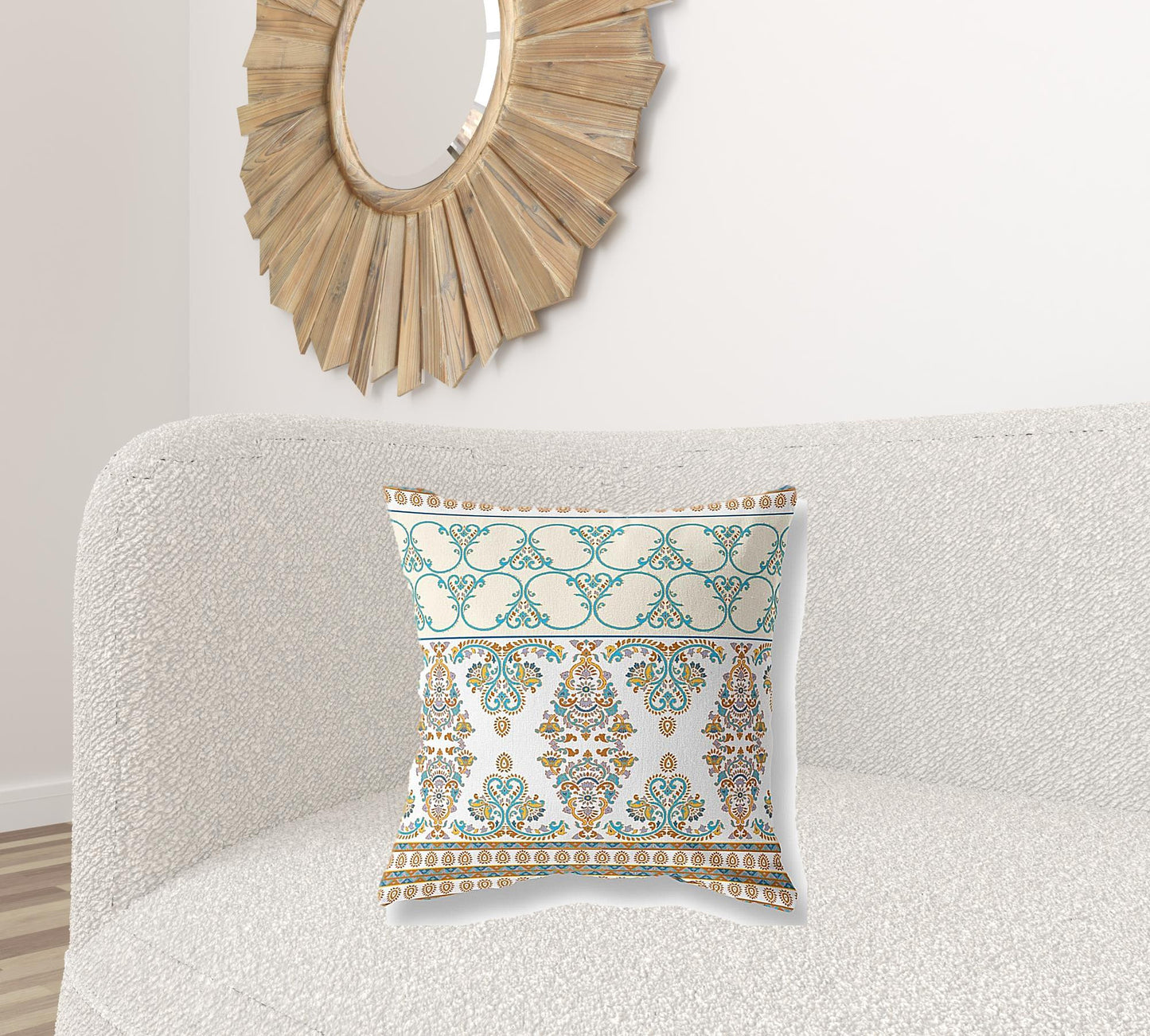 18" X 18" Orange And Teal Stencil Blown Seam Suede Throw Pillow