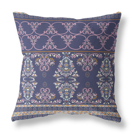 16" X 16" Blue And Pink Stencil Blown Seam Suede Throw Pillow