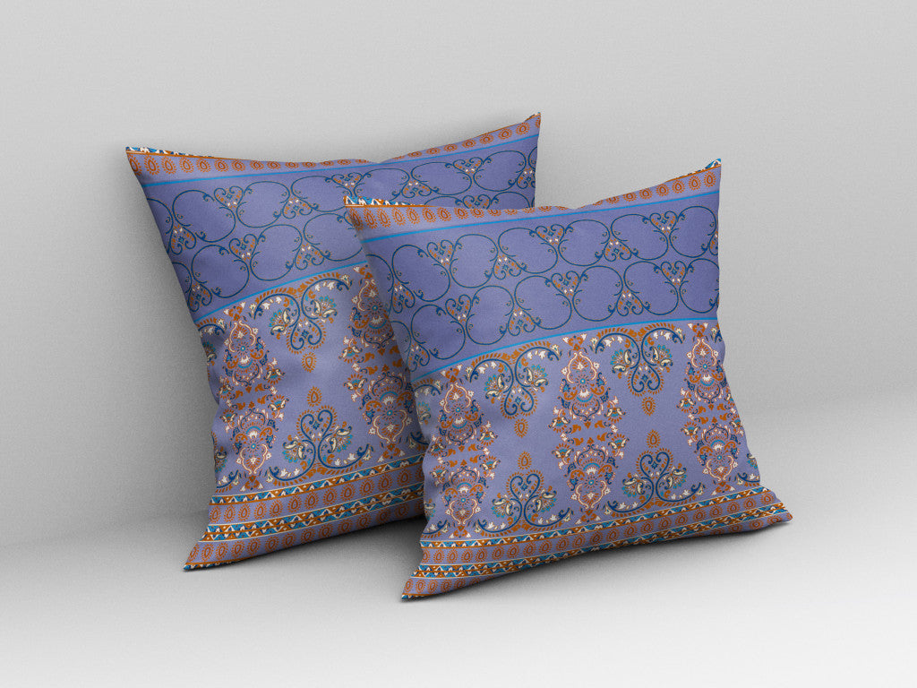 18" X 18" Purple And Blue Stencil Blown Seam Suede Throw Pillow