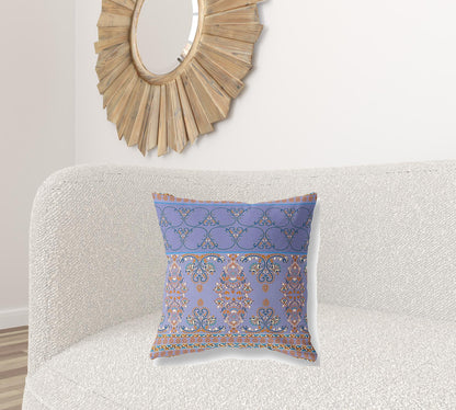 18" X 18" Purple And Blue Stencil Blown Seam Suede Throw Pillow