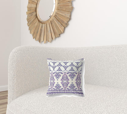 16" X 16" White And Purple Stencil Blown Seam Suede Throw Pillow
