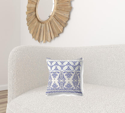 16" X 16" White And Blue Stencil Blown Seam Suede Throw Pillow