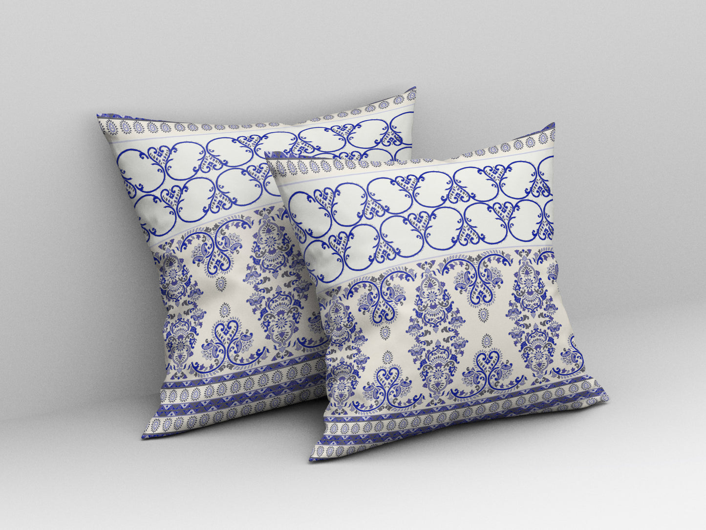 18" X 18" White And Blue Stencil Blown Seam Suede Throw Pillow