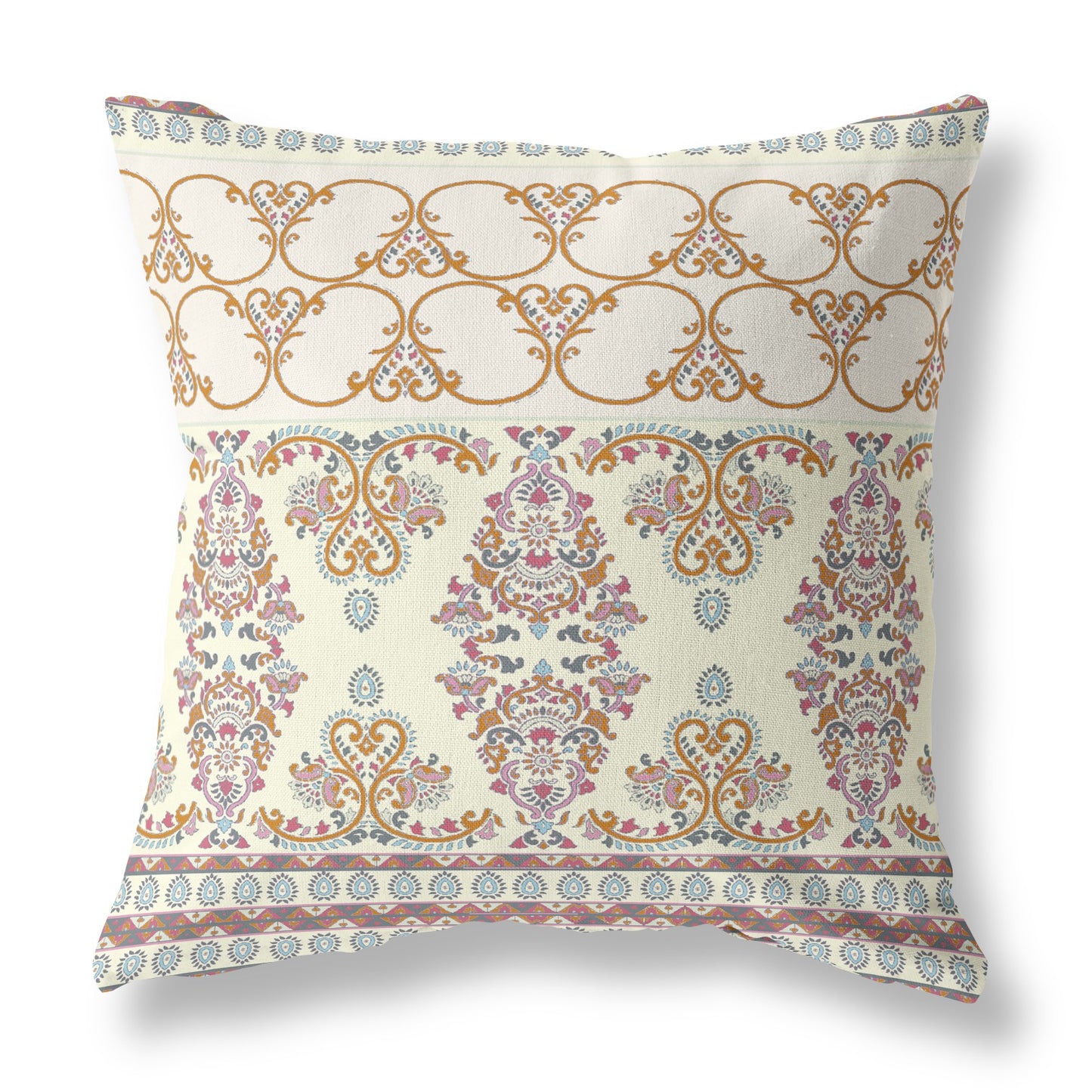 16" X 16" Off White And Orange Stencil Blown Seam Suede Throw Pillow