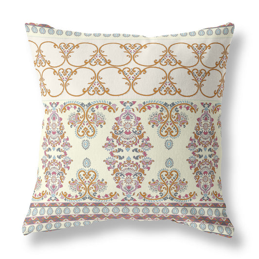 16" X 16" Off White And Orange Stencil Blown Seam Suede Throw Pillow