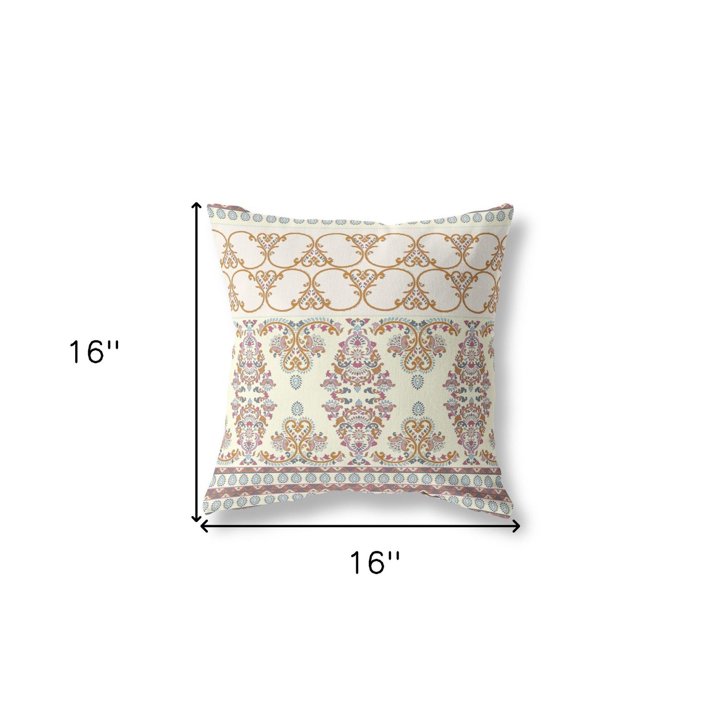 16" X 16" Off White And Orange Stencil Blown Seam Suede Throw Pillow