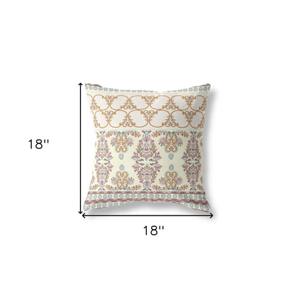 18" X 18" Off White And Orange Stencil Blown Seam Suede Throw Pillow