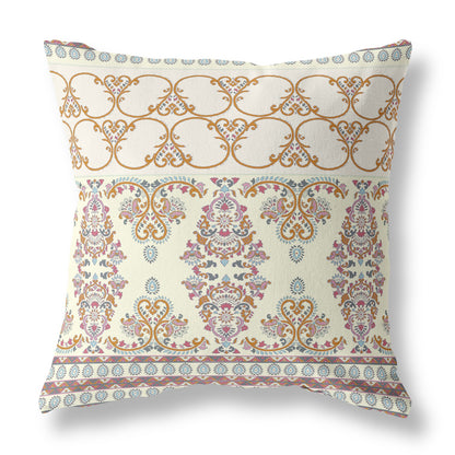 18" X 18" Off White And Orange Stencil Blown Seam Suede Throw Pillow