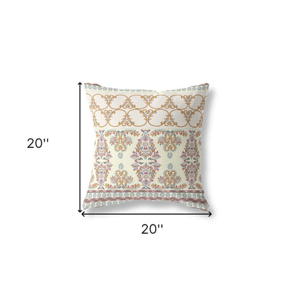 18" X 18" Off White And Orange Stencil Blown Seam Suede Throw Pillow