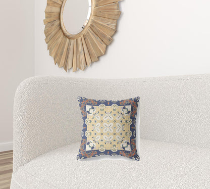 16" X 16" Blue Yellow Floral Blown Seam Suede Throw Pillow