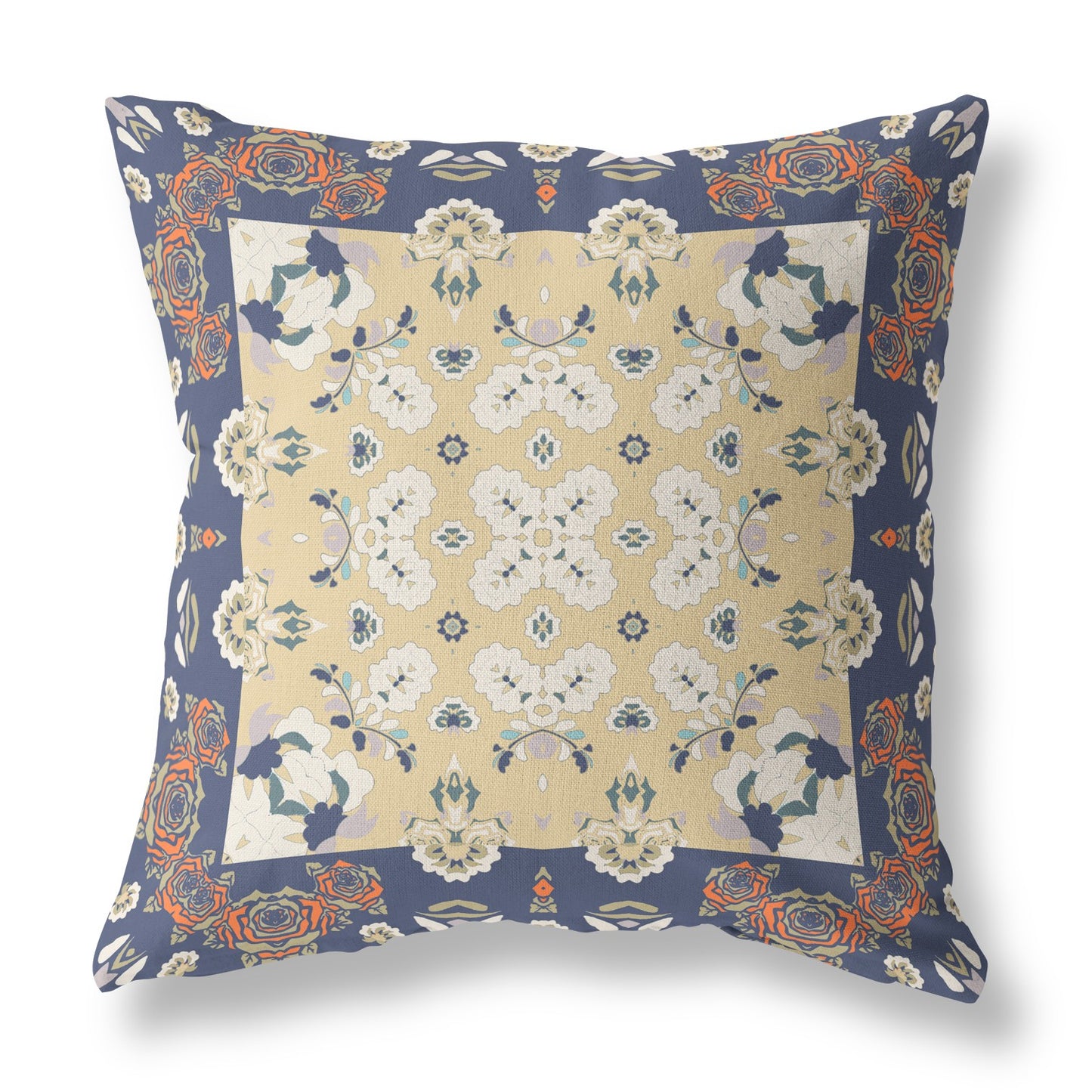 18" X 18" Blue Yellow Floral Blown Seam Suede Throw Pillow