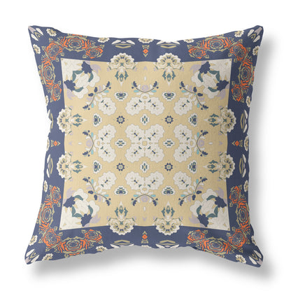 18" X 18" Blue Yellow Floral Blown Seam Suede Throw Pillow