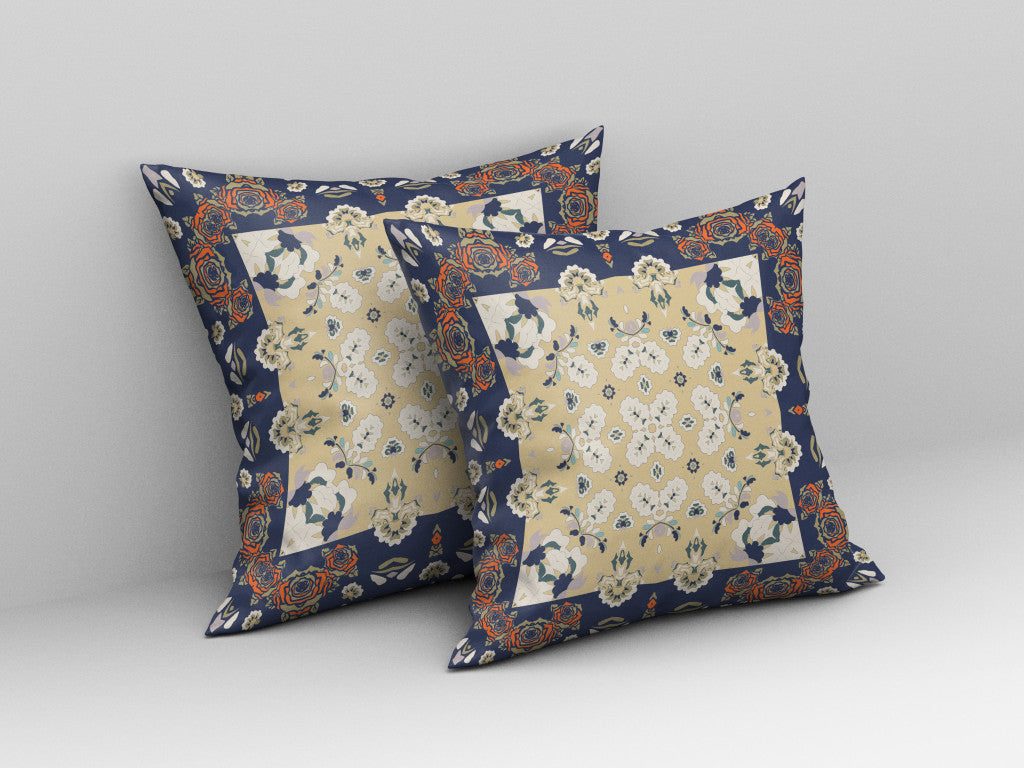 18" X 18" Blue Yellow Floral Blown Seam Suede Throw Pillow