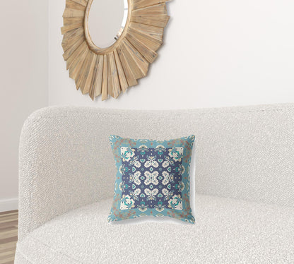 16" X 16" Gray And Blue Floral Blown Seam Suede Throw Pillow