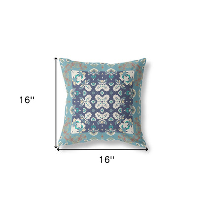 16" X 16" Gray And Blue Floral Blown Seam Suede Throw Pillow