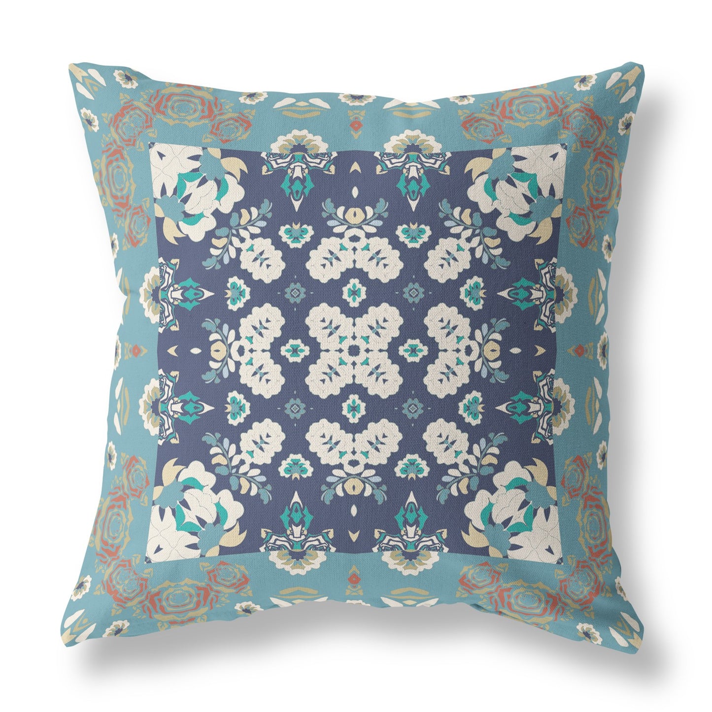 18" X 18" Gray And Blue Floral Blown Seam Suede Throw Pillow