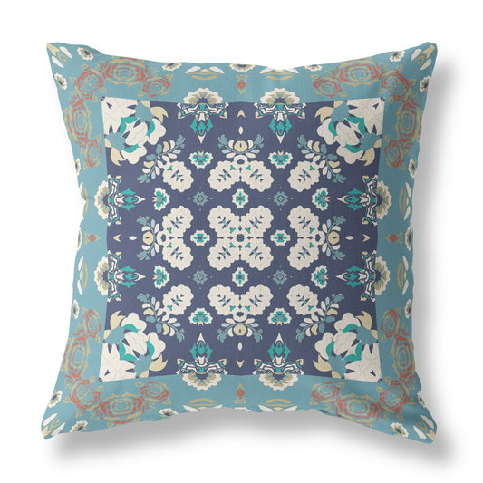 18" X 18" Gray And Blue Floral Blown Seam Suede Throw Pillow