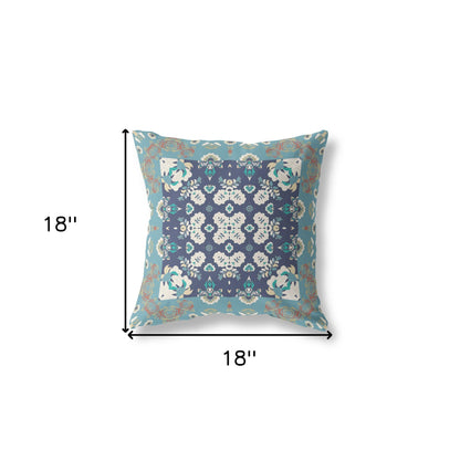 18" X 18" Gray And Blue Floral Blown Seam Suede Throw Pillow