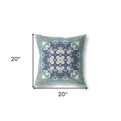 18" X 18" Gray And Blue Floral Blown Seam Suede Throw Pillow