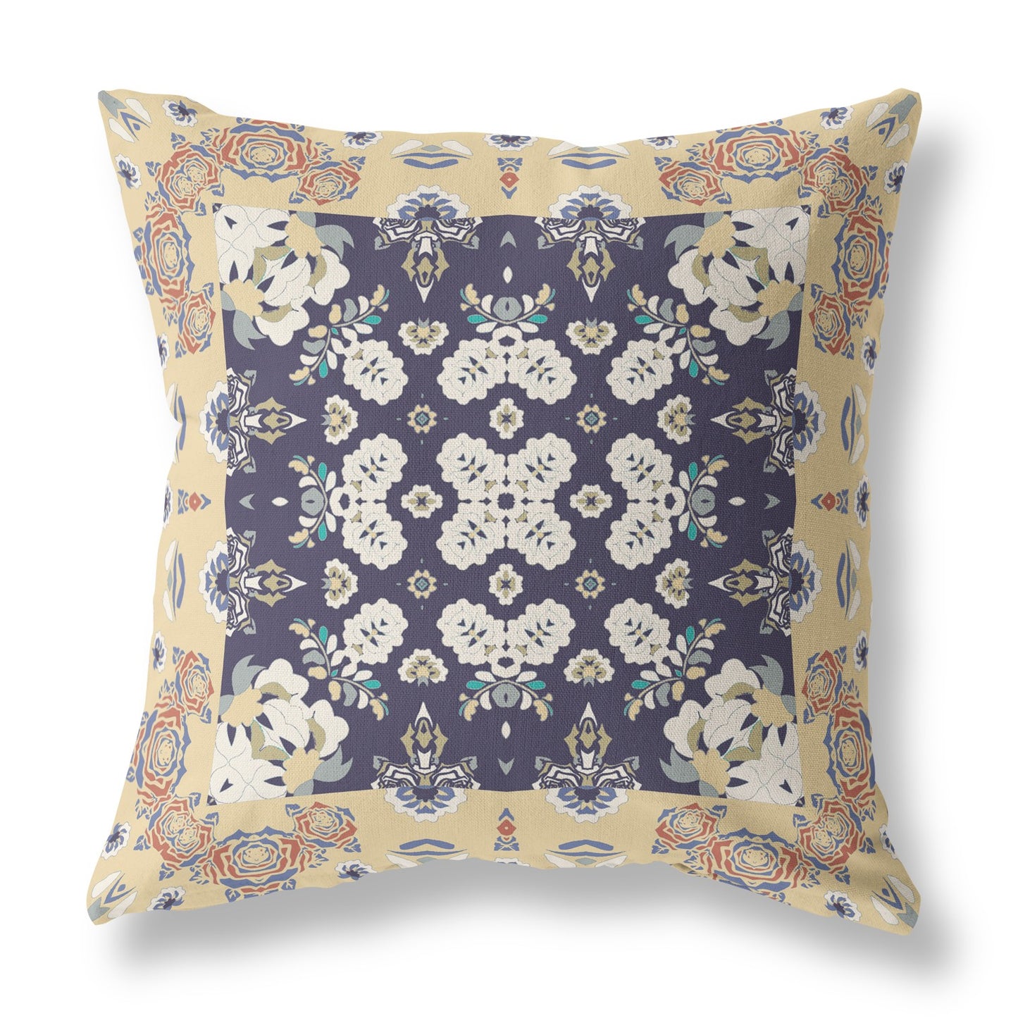 16" X 16" Yellow And Navy Floral Blown Seam Suede Throw Pillow