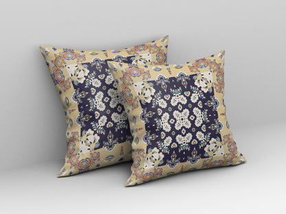 16" X 16" Yellow And Navy Floral Blown Seam Suede Throw Pillow