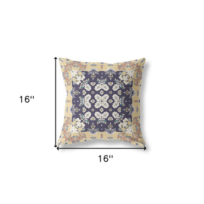 16" X 16" Yellow And Navy Floral Blown Seam Suede Throw Pillow