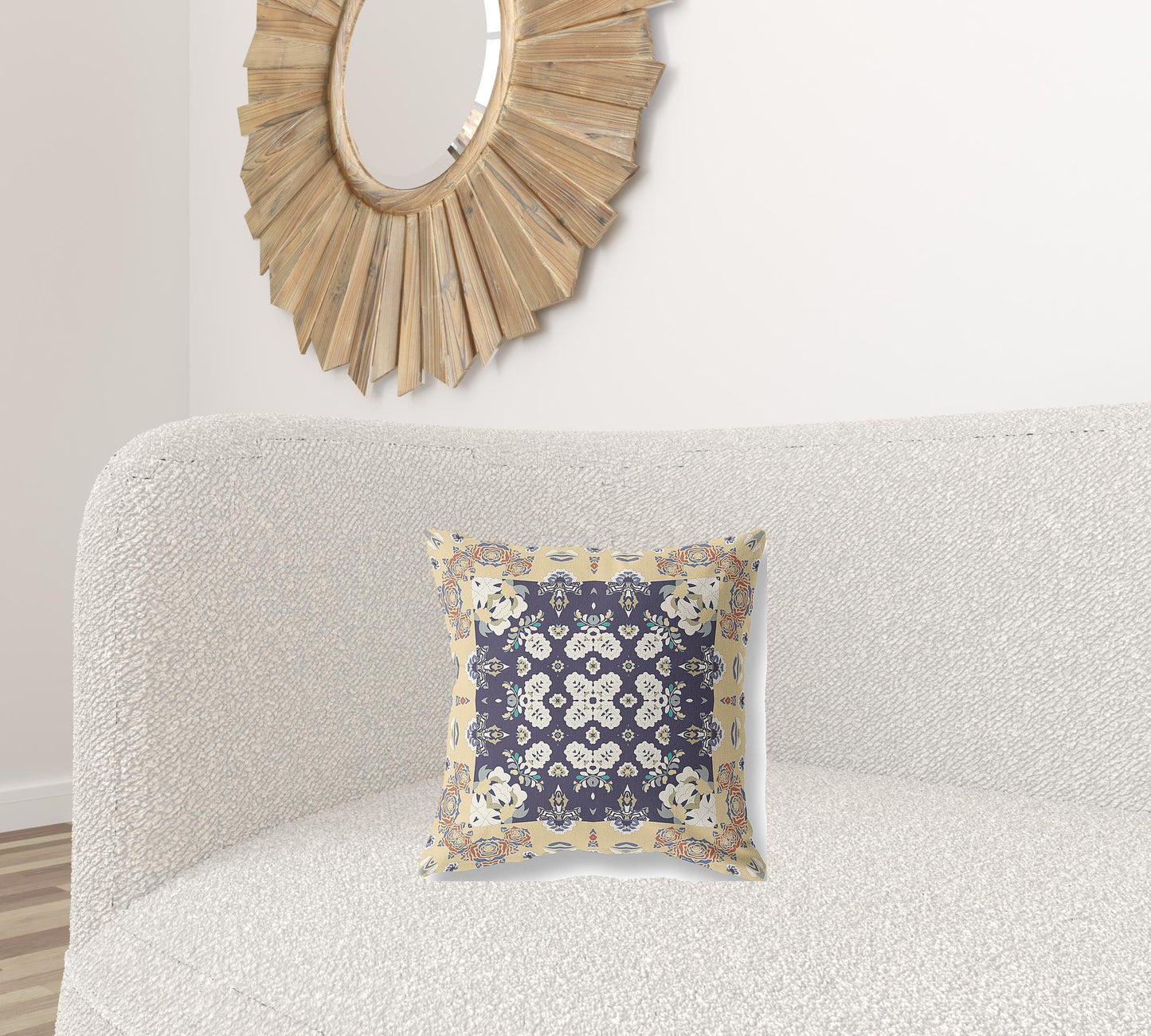 16" X 16" Yellow And Navy Floral Blown Seam Suede Throw Pillow