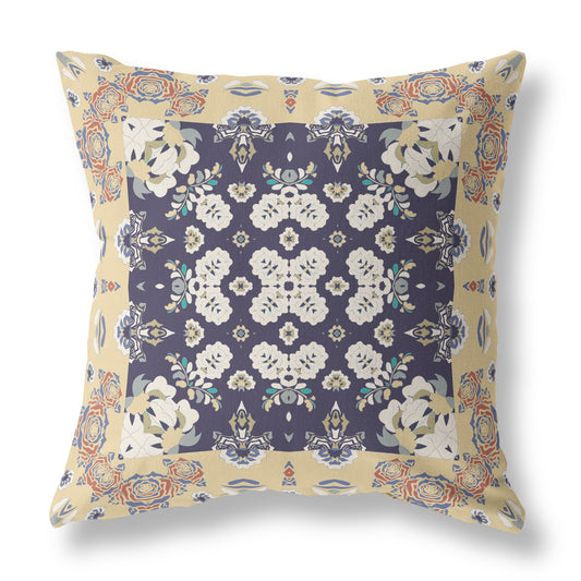 18" X 18" Yellow And Navy Floral Blown Seam Suede Throw Pillow