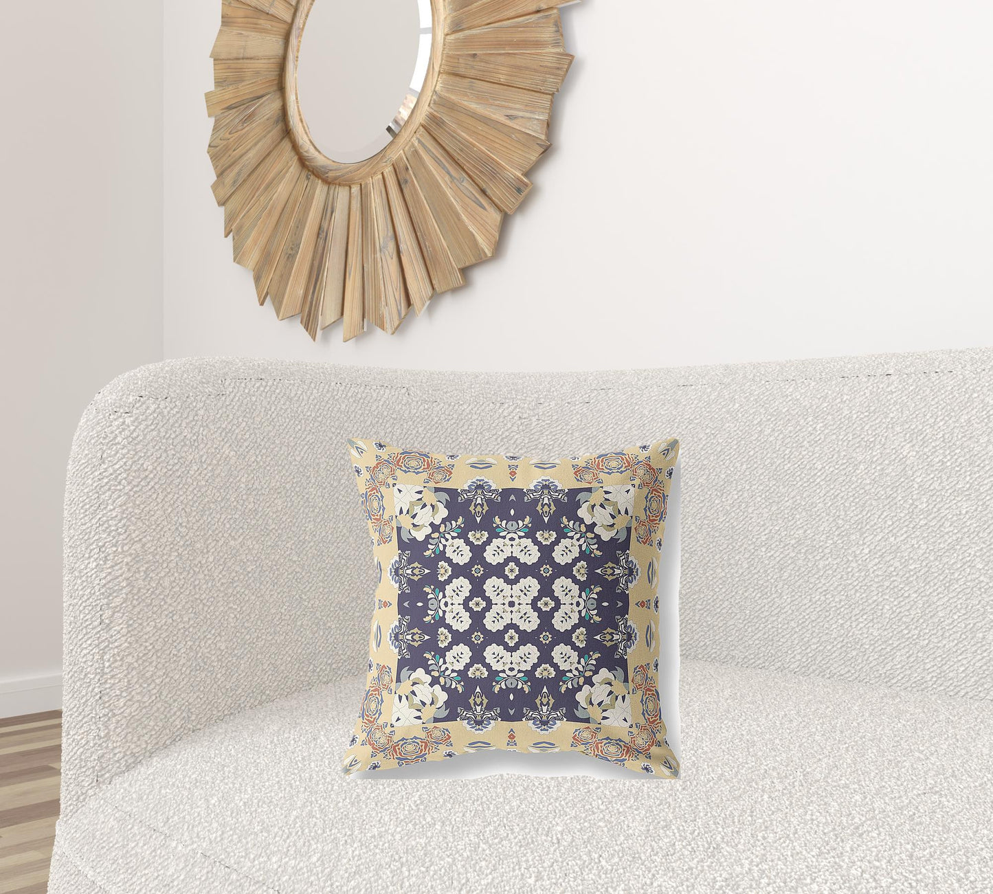 18" X 18" Yellow And Navy Floral Blown Seam Suede Throw Pillow