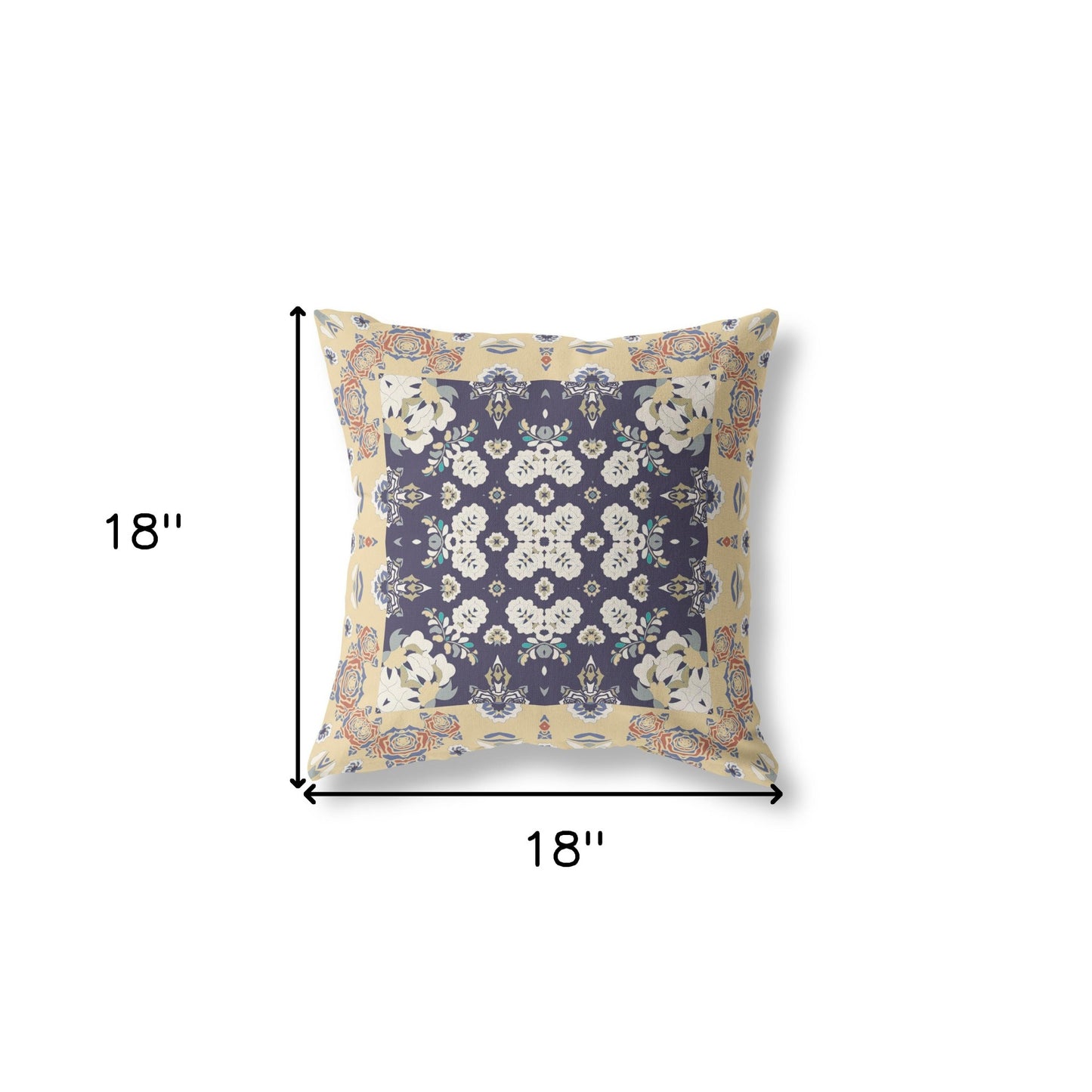 18" X 18" Yellow And Navy Floral Blown Seam Suede Throw Pillow