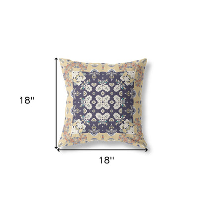 18" X 18" Yellow And Navy Floral Blown Seam Suede Throw Pillow