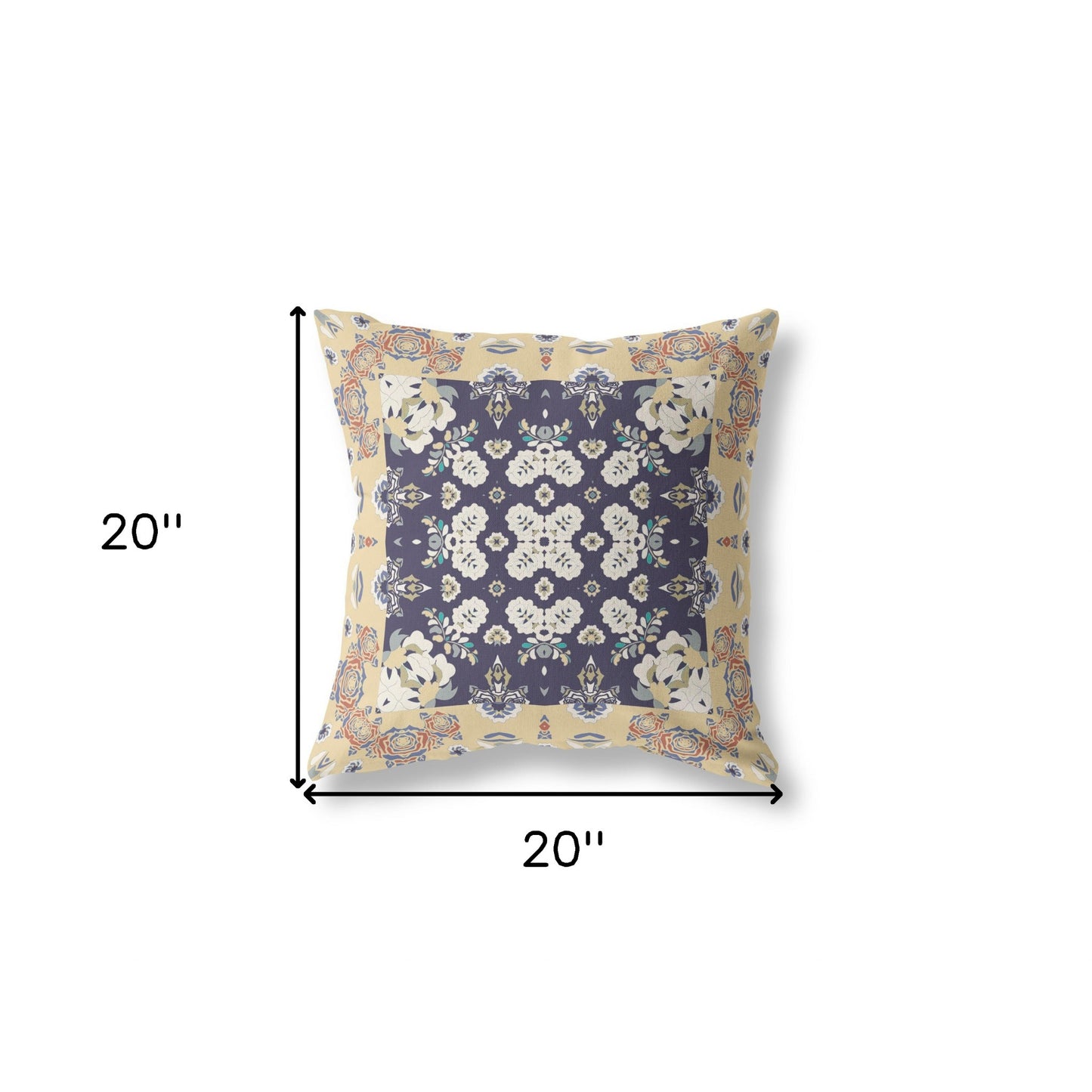 18" X 18" Yellow And Navy Floral Blown Seam Suede Throw Pillow
