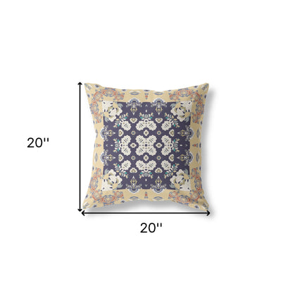 18" X 18" Yellow And Navy Floral Blown Seam Suede Throw Pillow