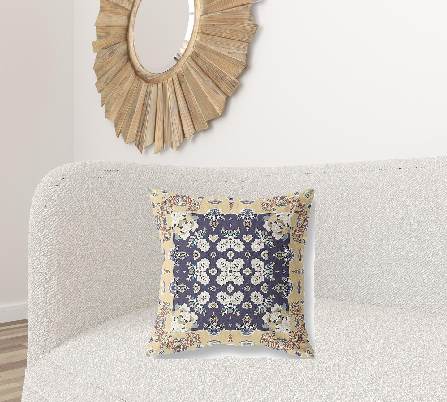 18" X 18" Yellow And Navy Floral Blown Seam Suede Throw Pillow