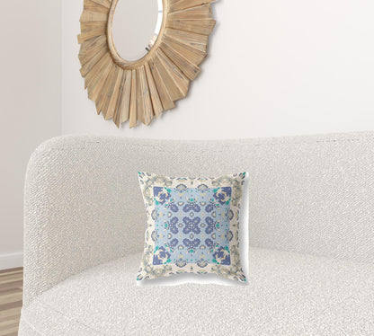 16" X 16" Off White And Blue Floral Blown Seam Suede Throw Pillow