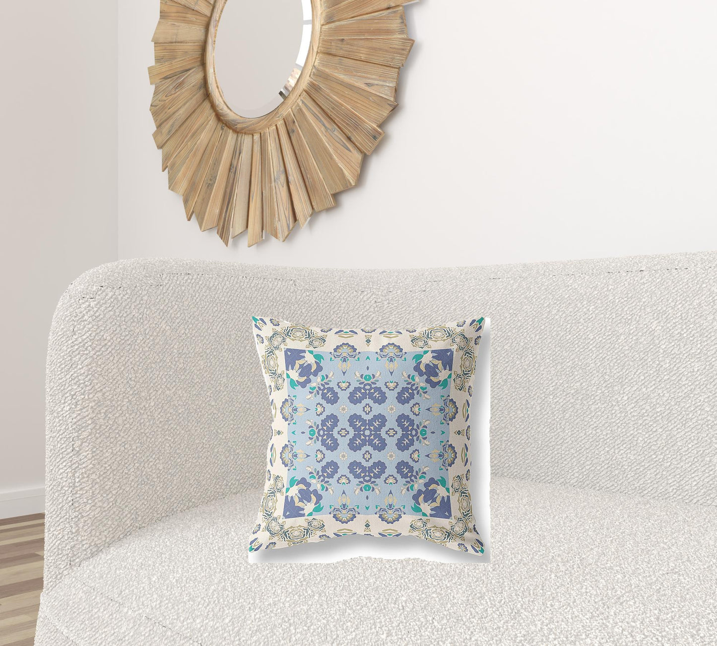 18" X 18" Off White And Blue Floral Blown Seam Suede Throw Pillow