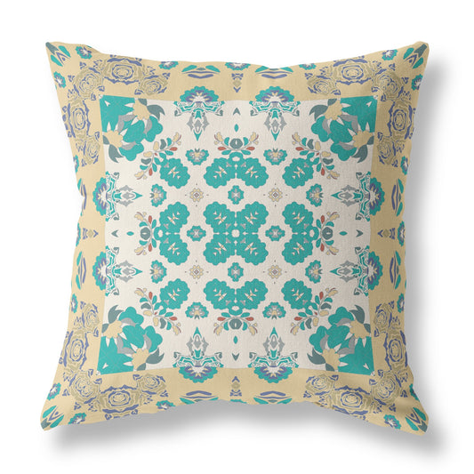 18" X 18" Yellow And White Floral Blown Seam Suede Throw Pillow