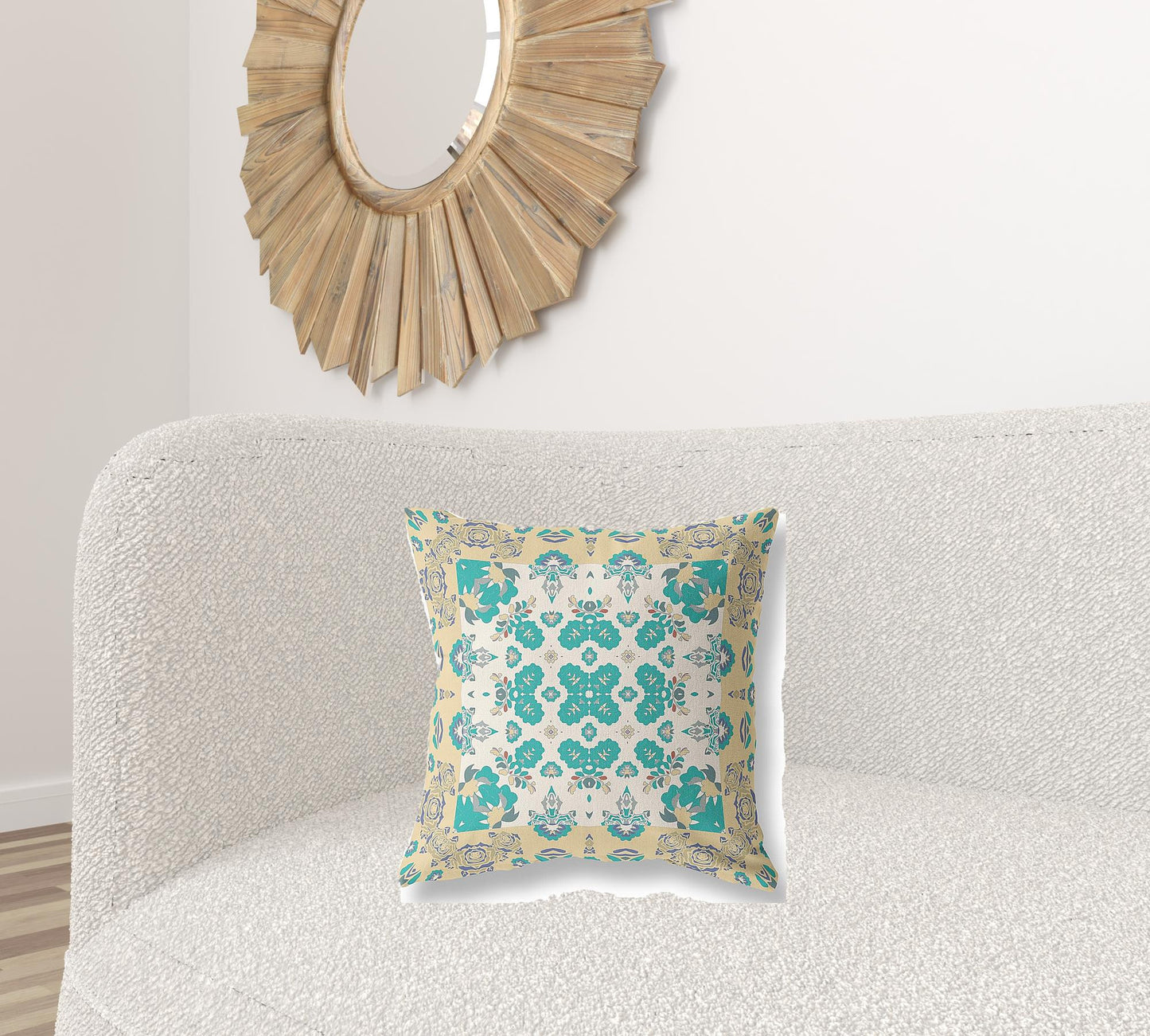 18" X 18" Yellow And White Floral Blown Seam Suede Throw Pillow