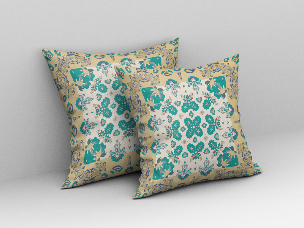 18" X 18" Yellow And White Floral Blown Seam Suede Throw Pillow