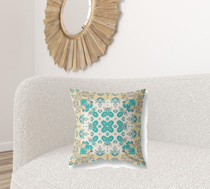 18" X 18" Yellow And White Floral Blown Seam Suede Throw Pillow