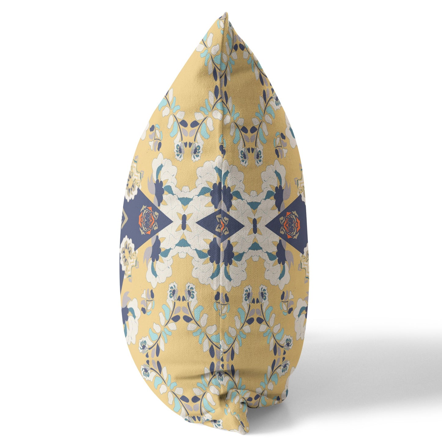 18" X 18" Yellow And Blue Floral Blown Seam Suede Throw Pillow