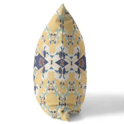 18" X 18" Yellow And Blue Floral Blown Seam Suede Throw Pillow