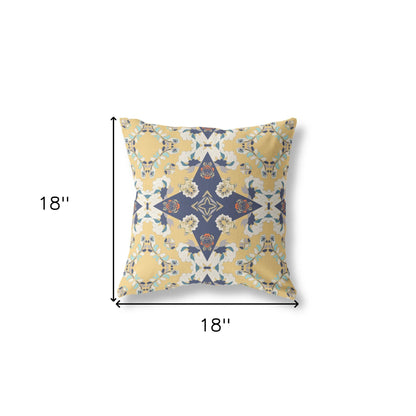 18" X 18" Yellow And Blue Floral Blown Seam Suede Throw Pillow