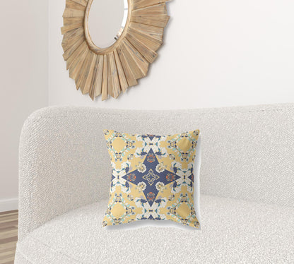 18" X 18" Yellow And Blue Floral Blown Seam Suede Throw Pillow