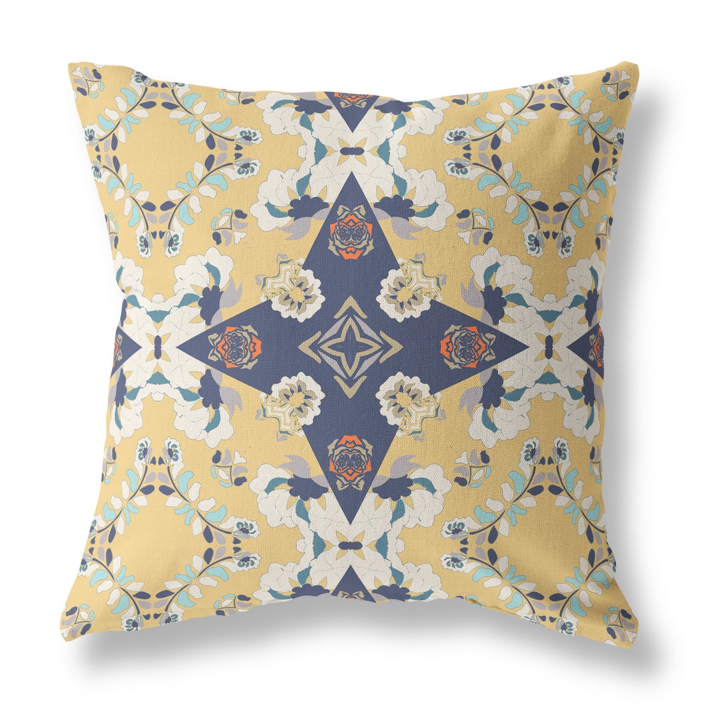18" X 18" Yellow And Blue Floral Blown Seam Suede Throw Pillow